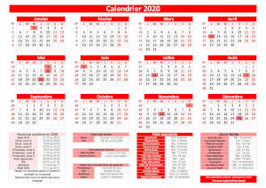 Calendrier pratique 2020 rouge avec jours fériés et numéros de semaines. Dates des vacances et des fêtes populaires inclus en légende. Orientation paysage.