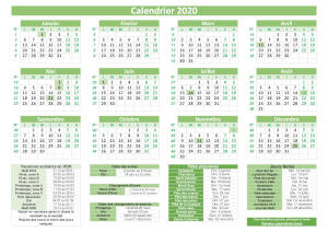 Calendrier pratique 2020 vert avec jours fériés et numéros de semaines. Dates des vacances et des fêtes populaires inclus en légende. Orientation paysage.