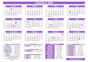 Calendrier pratique 2020 violet avec jours fériés et numéros de semaines. Dates des vacances et des fêtes populaires inclus en légende. Orientation paysage.