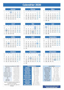 Calendrier pratique 2020 bleu avec jours fériés et numéros de semaines. Dates des vacances et des fêtes populaires inclus en légende. Orientation portrait.
