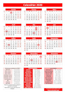 Calendrier pratique 2020 rouge avec jours fériés et numéros de semaines. Dates des vacances et des fêtes populaires inclus en légende. Orientation portrait.