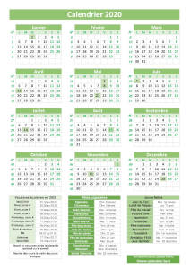 Calendrier pratique 2020 vert avec jours fériés et numéros de semaines. Dates des vacances et des fêtes populaires inclus en légende. Orientation portrait.