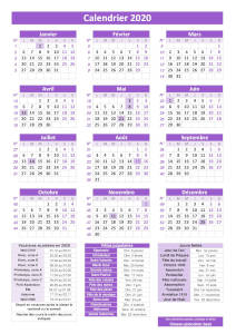 Calendrier pratique 2020 violet avec jours fériés et numéros de semaines. Dates des vacances et des fêtes populaires inclus en légende. Orientation portrait.