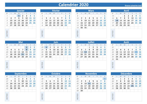 Calendrier 2020 vierge à imprimer -Calendrier.best