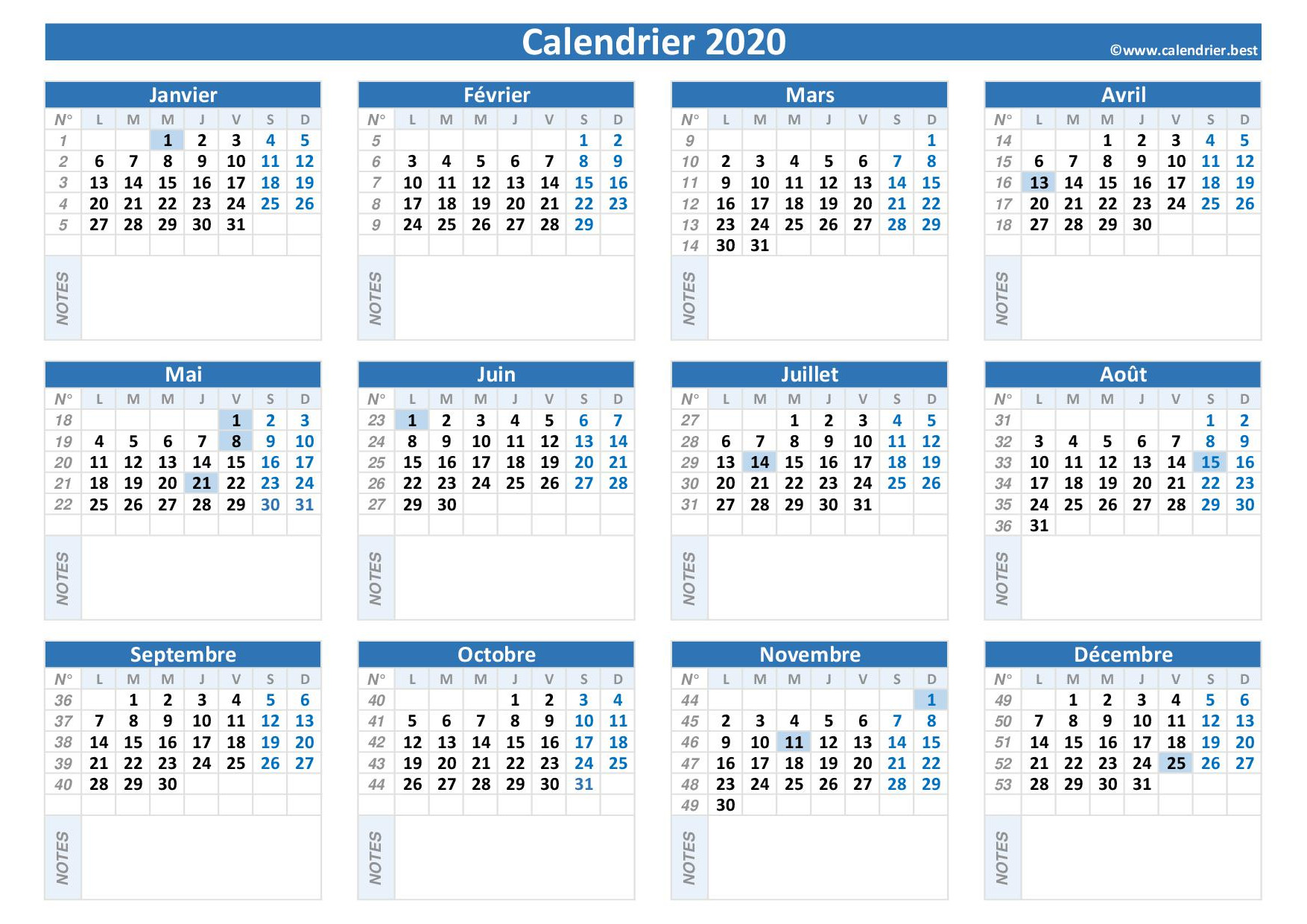 Calendrier 2020 vierge à imprimer -Calendrier.best