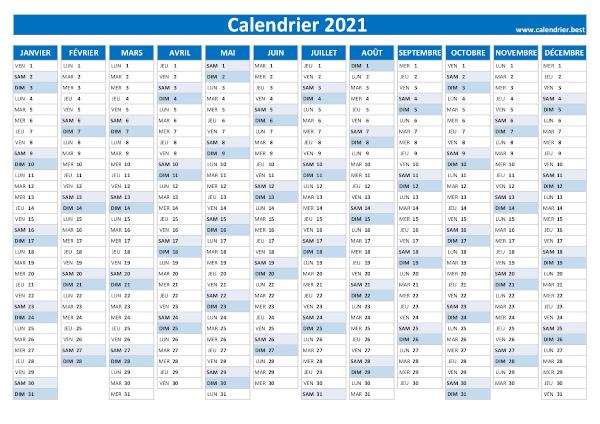 Calendrier annuel 2021 à imprimer