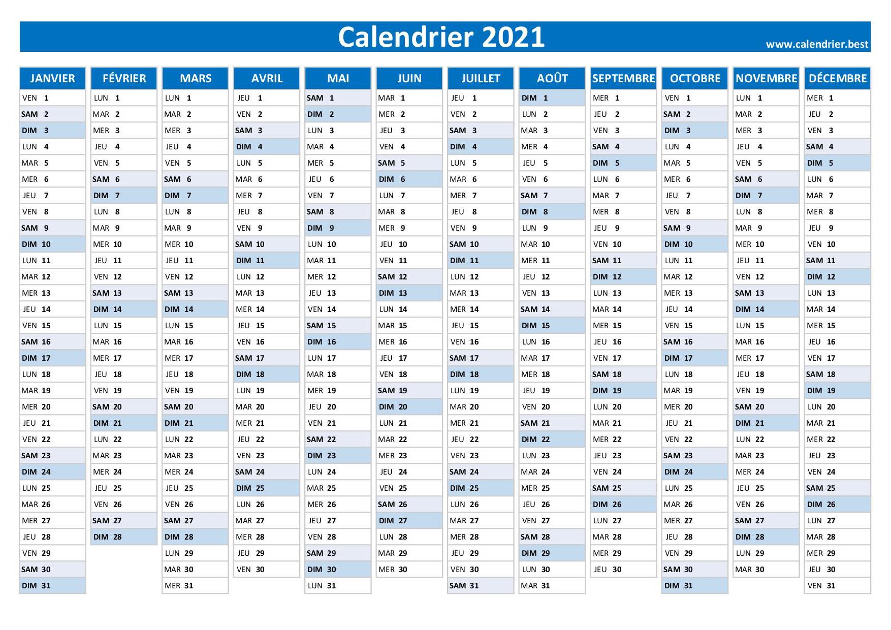 Calendrier annuel 2021 à imprimer
