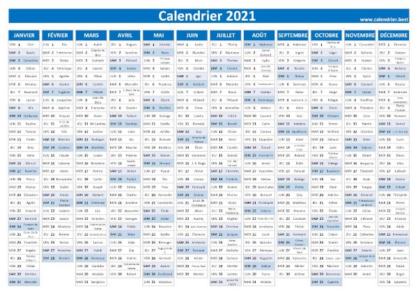 calendrier annuel 2021 avec saints