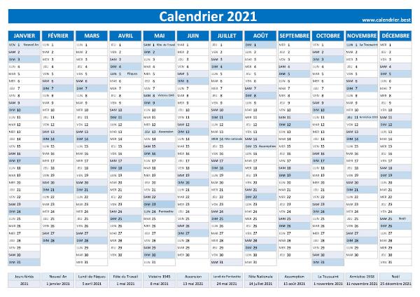 Calendrier annuel 2021 à imprimer