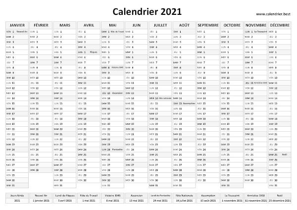 calendrier annuel 2021 avec jours fériés