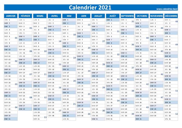 Numéro de semaine 2021 : liste, dates et calendrier 2021 avec semaine à  imprimer