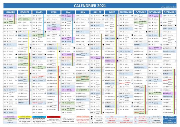 Lien vers calendrier annuel 2021, modèle complet intégrant les dates des fêtes populaires