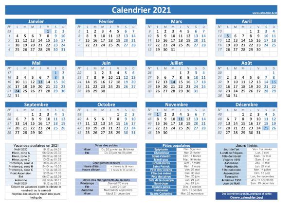 calendrier pratique 2021 avec dates des soldes, des soldes, des vacances, jours fériés et numéro de semaine