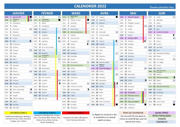 Calendrier 2022 complet avec fêtes et Saints du jour, vacances scolaires jours fériés, numéros de semaines, phases de lune et dates des soldes et des saisons