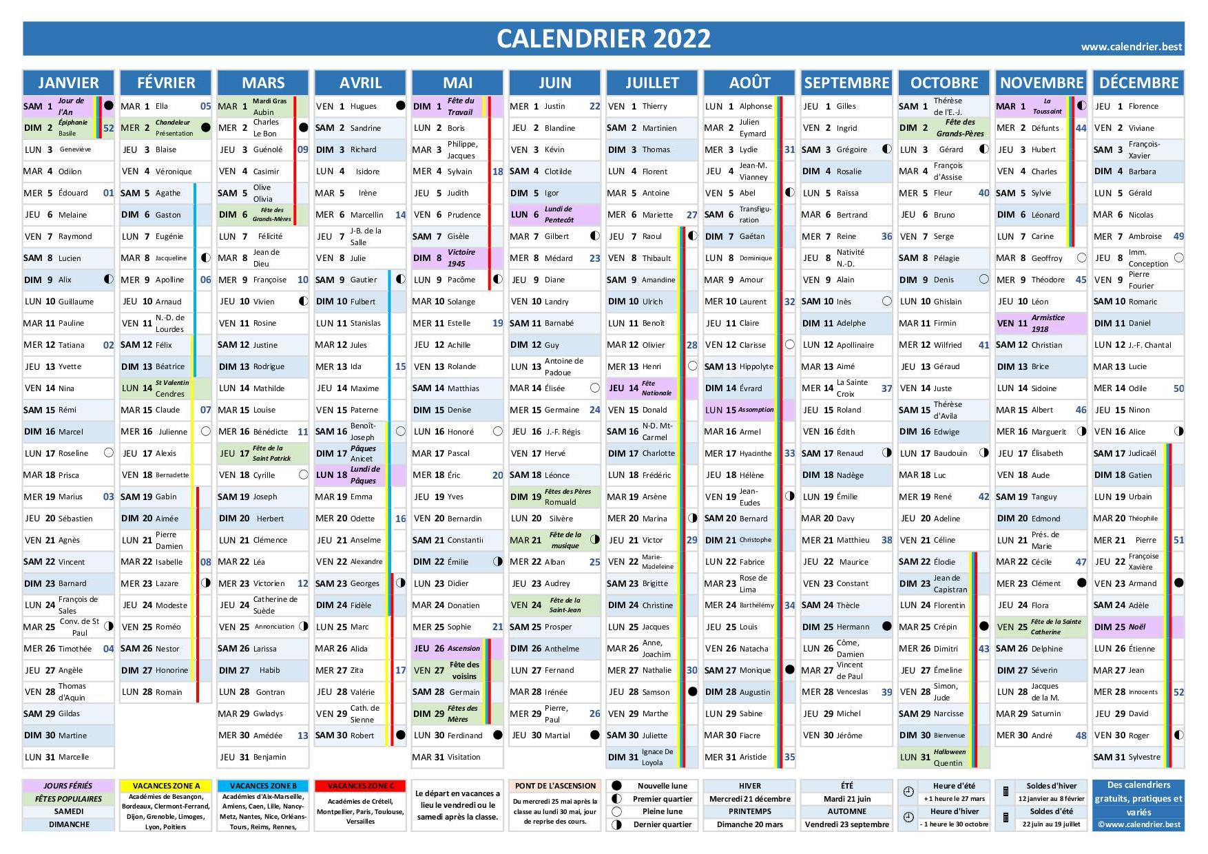 Calendrier 2022 complet avec fêtes, saints, vacances ... -Calendrier.best