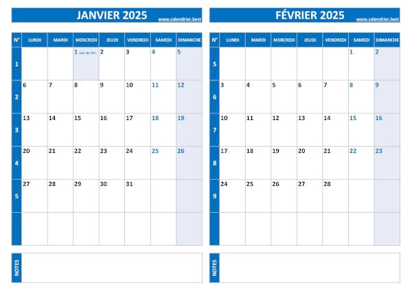 Calendrier 2025 bimestriel pour les mois de janvier et février.