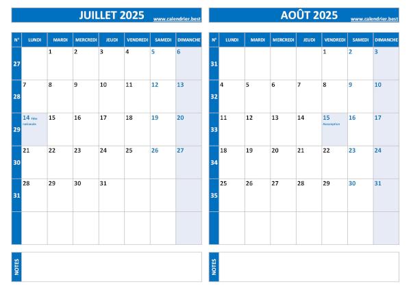 Calendrier 2025 bimestriel pour les mois de juillet et août.