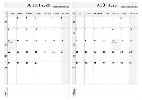 Calendrier 2025 bimestriel pour les mois de juillet et août.