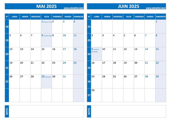 Calendrier 2025 bimestriel pour les mois de mai et juin.