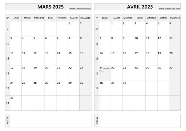 Calendrier 2025 bimestriel pour les mois de mars et avril.