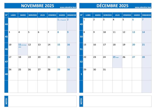 Calendrier 2025 bimestriel pour les mois de novembre et décembre.
