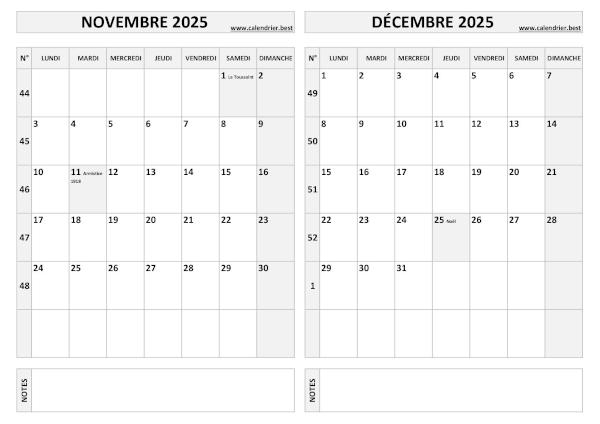 Calendrier 2025 bimestriel pour les mois de novembre et décembre.