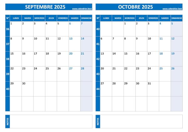 Calendrier 2025 bimestriel pour les mois de septembre et octobre.