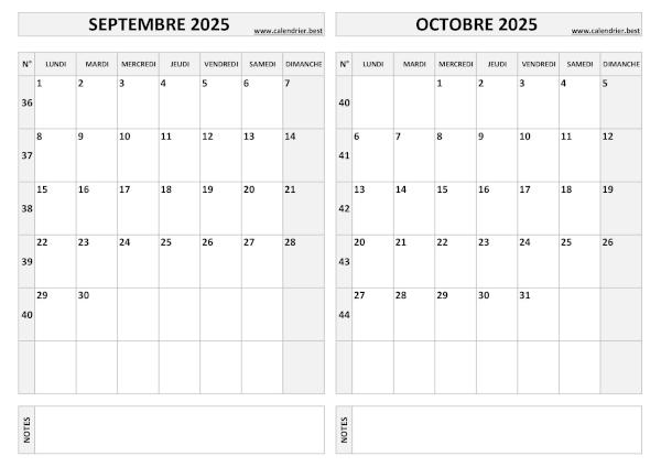 Calendrier 2025 bimestriel pour les mois de septembre et octobre.