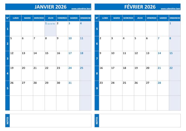 Calendrier 2026 bimestriel pour les mois de janvier et février.
