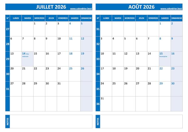 Calendrier 2026 bimestriel pour les mois de juillet et août.