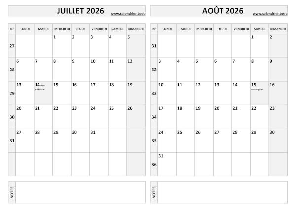 Calendrier 2026 bimestriel pour les mois de juillet et août.