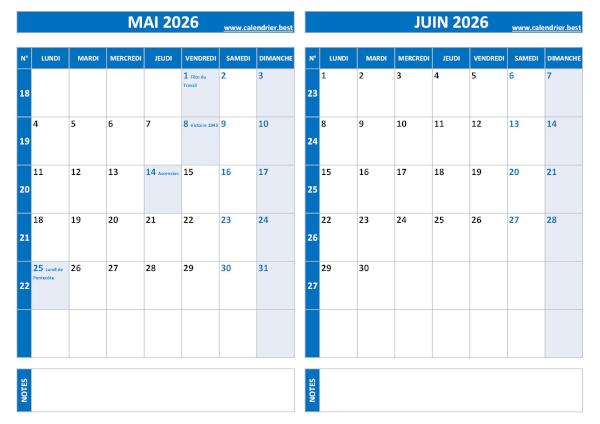 Calendrier 2026 bimestriel pour les mois de mai et juin.