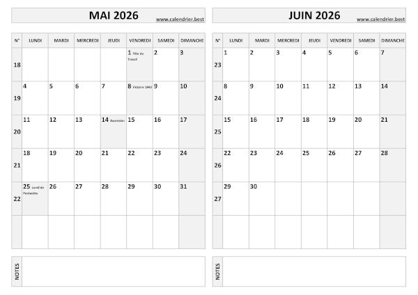 Calendrier 2026 bimestriel pour les mois de mai et juin.