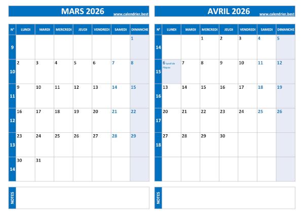 Calendrier 2026 bimestriel pour les mois de mars et avril.