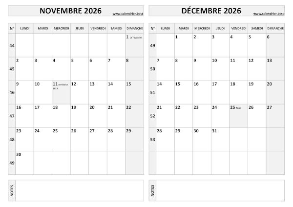 Calendrier 2026 bimestriel pour les mois de novembre et décembre.