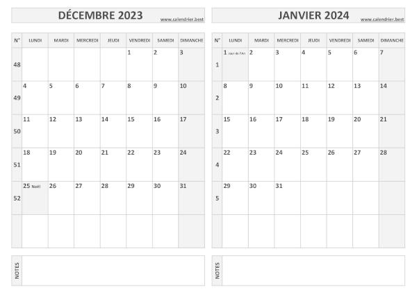 Calendrier décembre 2023 et janvier 2024 à imprimer 