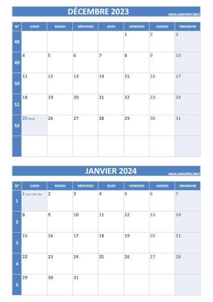 Calendrier décembre 2023 janvier 2024, portrait, bleu.