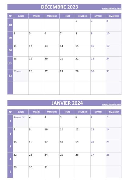 Calendrier décembre 2023 janvier 2024, portrait, violet.