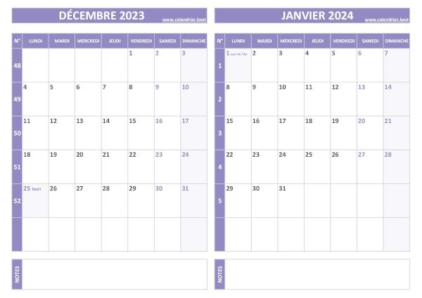 Calendrier décembre 2023 janvier 2024.