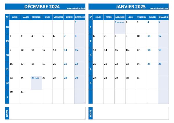 Calendrier décembre 2024 janvier 2025.