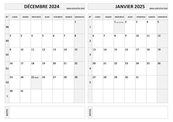 Calendrier décembre 2024 janvier 2025.