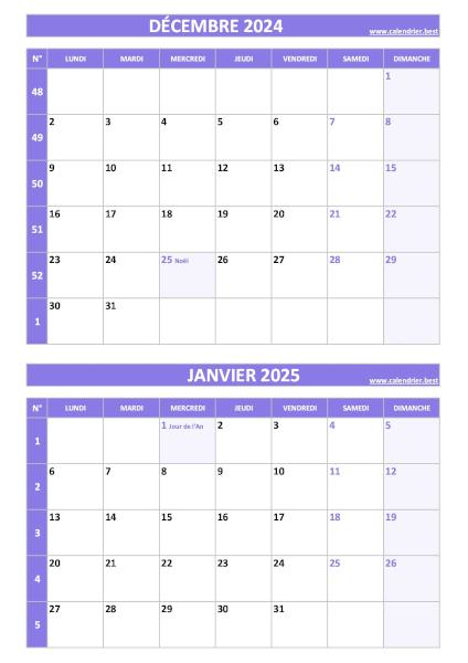 Calendrier décembre 2024 janvier 2025, portrait, violet.