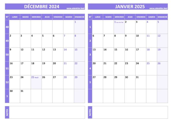 Calendrier décembre 2024 janvier 2025.