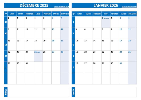 Calendrier décembre 2025 janvier 2026.