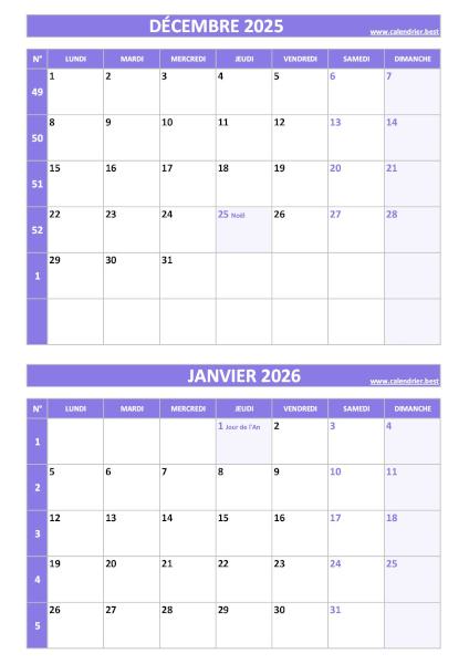 Calendrier décembre 2025 janvier 2026, portrait, violet.