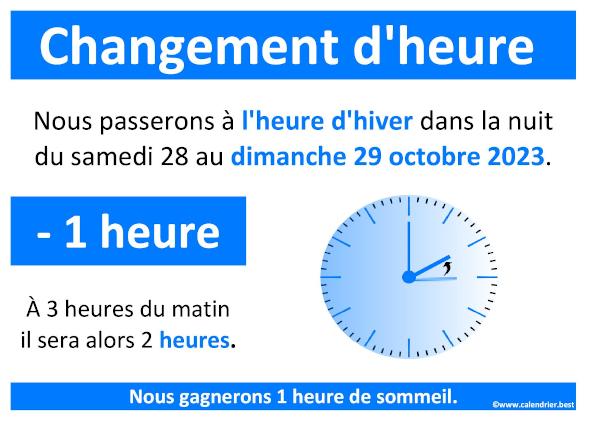 Passage à l'heure d'hiver 2023 le 29 octobre