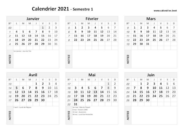 calendrier 2021 avec jours fériés, 1er semestre