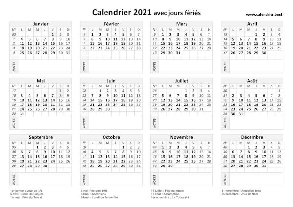 Calendrier 2021 avec jours fériés à imprimer