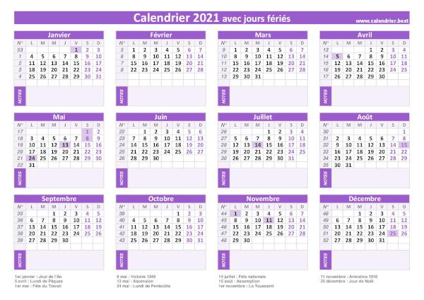 Calendrier 2021 avec jours fériés