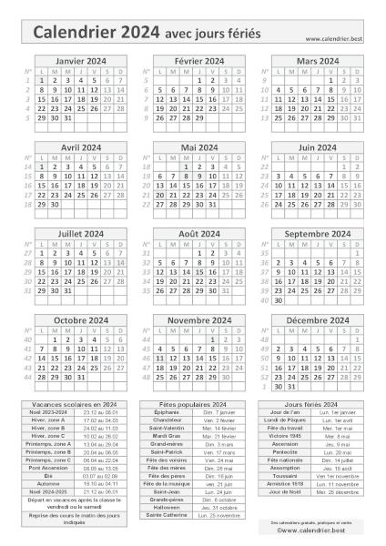 Calendrier 2024 avec jours fériés et dates utiles à imprimer
